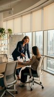 Two professional businesswomen collaborating in modern office with city view. Female executive mentoring colleague at desk with documents and laptop.