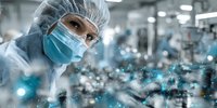 Healthcare professional in protective gear working in pharmaceutical laboratory with focus on medical research and drug development.