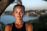 Young Asian woman with hair bun smiling at sunset by lake, wearing black tank top. Natural golden hour lighting creates warm glow on skin, blurred nature background.