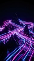 Neon light trails flow around geometric mountain peaks in vibrant magenta and cyan, creating a futuristic digital landscape. Use for tech, gaming, and modern design projects.
