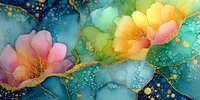 Abstract watercolor flowers bloom in vibrant rainbow hues with gold accents and flowing ink textures for modern artistic designs.