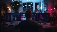 Programmer working late at night with multiple monitors displaying code in dark office illuminated by neon lights and string lights creating cyberpunk atmosphere.
