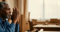 Senior African American man praying with hands clasped in church, expressing faith and spirituality during worship service.