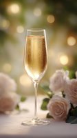 Elegant flute of sparkling champagne with delicate bubbles against soft bokeh background, accompanied by blush pink roses, creating romantic atmosphere.