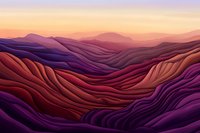 Abstract mountain landscape at sunset with rolling hills in vibrant purple, red and orange gradient colors creating flowing organic curves and layers.