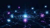 Digital network with glowing business icons connected by data streams on dark background. Technology concept for finance, commerce and connectivity solutions.