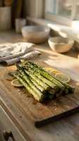 Fresh asparagus spears with lemon slices and parmesan cheese on wooden cutting board in bright kitchen setting for healthy cooking and meal preparation.
