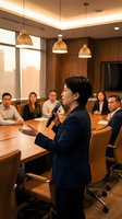 Asian businesswoman presenting with microphone to diverse team in modern conference room with warm lighting and wood paneling for corporate meetings.
