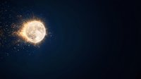 Glowing full moon with magical light burst effect against dark night sky, sparkling particles radiating outward creating ethereal celestial atmosphere.