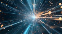 Explosive light burst with radiating blue rays and glowing orange particles creating dynamic motion effect against dark background. Cosmic energy concept.