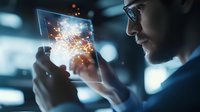 Businessman with glasses examining futuristic transparent tablet with glowing data visualization and energy particles in dark office environment.