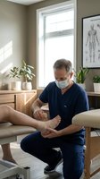 Middle-aged Caucasian male physiotherapist in blue scrubs and mask examining patient's leg in modern clinic with natural light and plants.