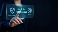 Person in professional attire selecting excellence rating with five stars and shield icon on glowing digital interface against dark background for quality assurance concepts.