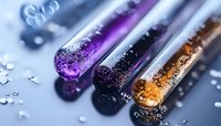 Colorful laboratory test tubes with purple and amber liquids containing bubbles and particles on reflective surface for scientific research.