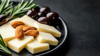 Mediterranean appetizer plate with sliced manchego cheese, raw almonds, dark olives and fresh rosemary sprigs on black ceramic plate against dark background.