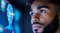 Young African American man with beard gazing at futuristic holographic brain display, representing artificial intelligence, neuroscience and technology innovation.