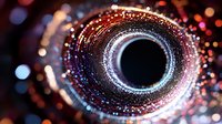 Glowing cosmic portal with sparkling particles in dark space, circular light tunnel with bokeh effect and shimmering dust creates mysterious atmosphere.