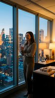 Businesswoman holding coffee cup gazing at illuminated city skyline from high-rise office window at dusk, professional workspace with modern desk and warm lighting.