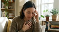 Young woman experiencing chest pain and headache sitting on couch at home, health anxiety concept for medical awareness campaigns and wellness content.
