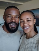 Happy African American couple smiling together in cozy home setting wearing matching gray sweaters for lifestyle and relationship content.