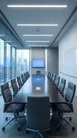 Modern conference room with long dark table, black ergonomic chairs, floor-to-ceiling windows overlooking cityscape, wall-mounted display screen, whiteboard, and linear ceiling lights for corporate meetings and presentations.