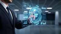Professional businessman interacting with futuristic holographic interface displaying data analytics and thank you message in modern office environment.