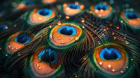 Vibrant peacock feathers with water droplets in macro photography showing iridescent blue, green and orange eye spots against dark background. Natural abstract pattern.
