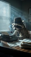 Anthropomorphic cat detective wearing fedora and trench coat, smoking cigarette at typewriter in noir office setting with venetian blinds and dramatic lighting for creative projects.