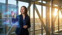 Professional businesswoman analyzing digital financial data charts in modern glass office building with city skyline view during golden hour sunset.