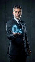 Middle-aged Caucasian businessman in formal dark suit displaying glowing zero percent symbol, representing interest rates, financial offers, or promotional deals for banking and business concepts.