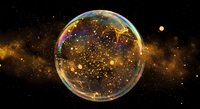 Glowing transparent sphere with golden particles floating in cosmic space with nebula clouds and starfield background for fantasy and science concepts.