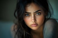 Young brunette woman with striking blue eyes and natural makeup in soft lighting portrait for beauty and fashion concepts.