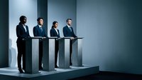 Professional diverse business team standing at modern podiums in corporate presentation setting with dramatic lighting for meetings and conferences.