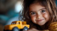 Young Hispanic girl with gentle smile holding yellow toy truck, warm lighting creates cozy atmosphere for childhood and play concepts.