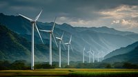 Wind turbines generating clean renewable energy in mountain valley landscape with dramatic sky and green agricultural fields for sustainable power production.