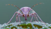 Macro photography of pink shield bug covered in morning dew drops, front view showing detailed face, antennae and legs against blurred green background.