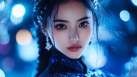 Young Asian woman with braided hair in blue atmospheric lighting with bokeh effect background. Perfect for fantasy or night portrait concepts.