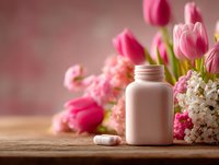 Pink supplement bottle with white pills on wooden surface surrounded by fresh tulips and flowers for wellness and natural health products.