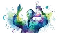 Businessman silhouette with raised arms celebrating success, filled with colorful watercolor splashes and scientific elements on white background.