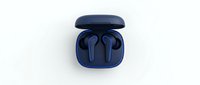 Pair of dark blue wireless earbuds with charging case isolated on white background, ready for product design, marketing, and e-commerce use.