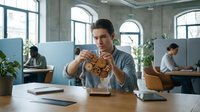 Young professional man eating pizza slice at modern office workspace during lunch break with colleagues working in background.