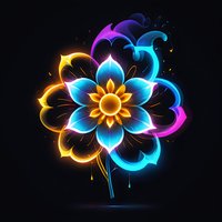 Glowing neon flower with vibrant blue, pink, and yellow petals on black background, luminous abstract floral art with magical light effects and color transitions.