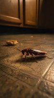 Brown cockroach crawling on kitchen floor tiles near wooden cabinets creating unsanitary household pest control problem requiring extermination services.