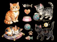 Cute kittens and cat accessories isolated on transparent background, ready for t-shirt designs, stickers, clipart, sublimation and print-on-demand projects.