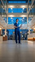 Female healthcare professional with tablet surrounded by digital network connections in modern hospital atrium at evening for medical technology concepts.