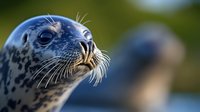 Close-up portrait of spotted harbor seal with long whiskers and expressive eyes against blurred natural background, showing curious expression and detailed texture.