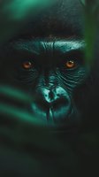 Dark moody portrait of a male chimpanzee with striking amber eyes and textured facial features against a teal-green atmospheric background. Wildlife photography.