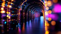 Futuristic digital tunnel with glowing neon lights and bokeh effects creating cyberpunk atmosphere for technology and data visualization concepts.
