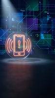 Neon glowing smartphone icon with wireless signal waves on digital circuit board background, representing mobile technology, connectivity, and communication innovation.
