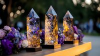 Crystal towers with embedded purple flowers glowing warmly against dark background, surrounded by fresh floral arrangements creating magical atmosphere.